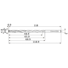 MVS0480X10S050 DP1020 4.8 mm Dia. × 5 mm Shank × 65.9 mm Flute Length × 118.9 mm OAL, 140°, 2 Flute, Coolant Thru, Solid Carbide Drill