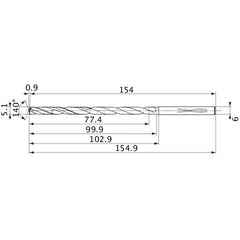 MVS0510X15S060 DP1020 5.1 mm Dia. × 6 mm Shank × 99.9 mm Flute Length × 154.9 mm OAL, 140°, 2 Flute, Coolant Thru, Solid Carbide Drill