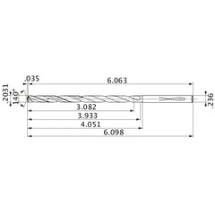 MVS0516X15S060 DP1020 0.2031″ Dia. × 0.236″ Shank × 3.933″ Flute Length × 6.098″ OAL, 140°, 2 Flute, Coolant Thru, Solid Carbide Drill