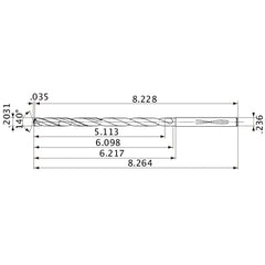 MVS0516X25S060 DP1020 0.2031″ Dia. × 0.236″ Shank × 6.098″ Flute Length × 8.264″ OAL, 140°, 2 Flute, Coolant Thru, Solid Carbide Drill