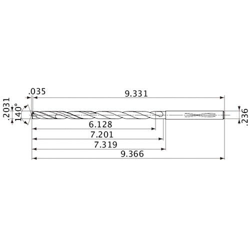 MVS0516X30S060 DP1020 0.2031″ Dia. × 0.236″ Shank × 7.201″ Flute Length × 9.366″ OAL, 140°, 2 Flute, Coolant Thru, Solid Carbide Drill