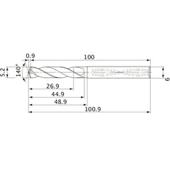 MVS0520X05S060 DP1020 5.2 mm Dia. × 6 mm Shank × 44.9 mm Flute Length × 100.9 mm OAL, 140°, 2 Flute, Coolant Thru, Solid Carbide Drill