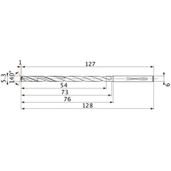 MVS0530X10S060 DP1020 5.3 mm Dia. × 6 mm Shank × 73 mm Flute Length × 128 mm OAL, 140°, 2 Flute, Coolant Thru, Solid Carbide Drill