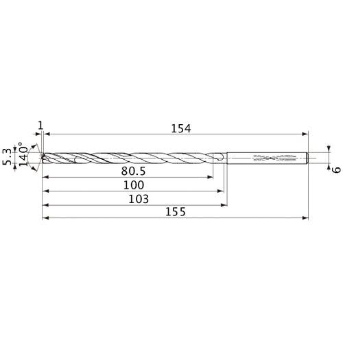 MVS0530X15S060 DP1020 5.3 mm Dia. × 6 mm Shank × 100 mm Flute Length × 155 mm OAL, 140°, 2 Flute, Coolant Thru, Solid Carbide Drill