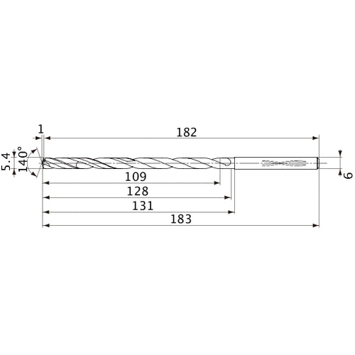 MVS0540X20S060 DP1020 5.4 mm Dia. × 6 mm Shank × 128 mm Flute Length × 183 mm OAL, 140°, 2 Flute, Coolant Thru, Solid Carbide Drill