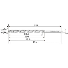 MVS0550X15S060 DP1020 5.5 mm Dia. × 6 mm Shank × 100 mm Flute Length × 155 mm OAL, 140°, 2 Flute, Coolant Thru, Solid Carbide Drill