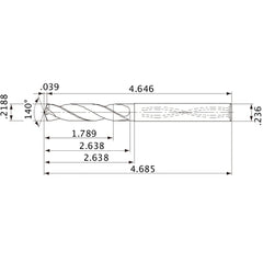 MVS0556X08S060 DP1020 0.2188″ Dia. × 0.236″ Shank × 2.638″ Flute Length × 4.685″ OAL, 140°, 2 Flute, Coolant Thru, Solid Carbide Drill