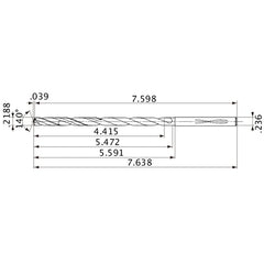 MVS0556X20S060 DP1020 0.2188″ Dia. × 0.236″ Shank × 5.472″ Flute Length × 7.638″ OAL, 140°, 2 Flute, Coolant Thru, Solid Carbide Drill