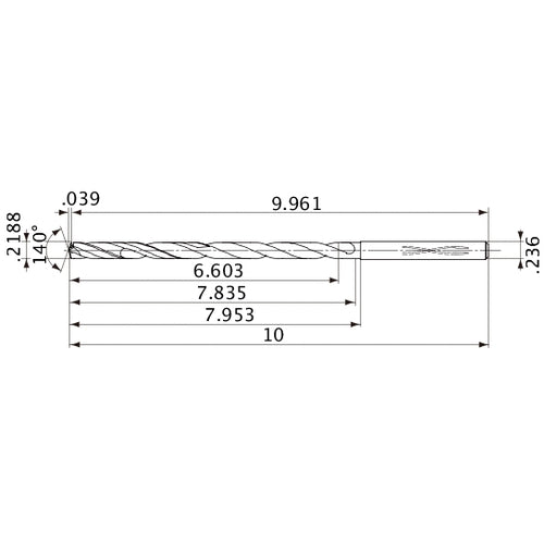 MVS0556X30S060 DP1020 0.2188″ Dia. × 0.236″ Shank × 7.835″ Flute Length × 10″ OAL, 140°, 2 Flute, Coolant Thru, Solid Carbide Drill