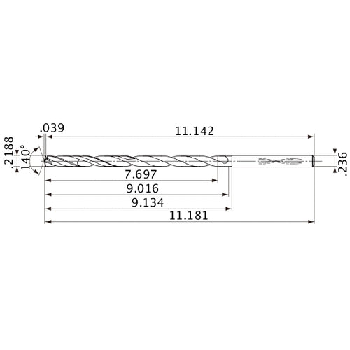 MVS0556X35S060 DP1020 0.2188″ Dia. × 0.236″ Shank × 9.016″ Flute Length × 11.181″ OAL, 140°, 2 Flute, Coolant Thru, Solid Carbide Drill