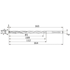 MVS0560X15S060 DP1020 5.6 mm Dia. × 6 mm Shank × 109 mm Flute Length × 164 mm OAL, 140°, 2 Flute, Coolant Thru, Solid Carbide Drill
