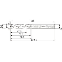 MVS0580X08S060 DP1020 5.8 mm Dia. × 6 mm Shank × 67.1 mm Flute Length × 119.1 mm OAL, 140°, 2 Flute, Coolant Thru, Solid Carbide Drill
