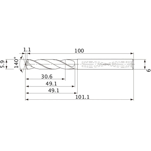 MVS0590X05S060 DP1020 5.9 mm Dia. × 6 mm Shank × 49.1 mm Flute Length × 101.1 mm OAL, 140°, 2 Flute, Coolant Thru, Solid Carbide Drill