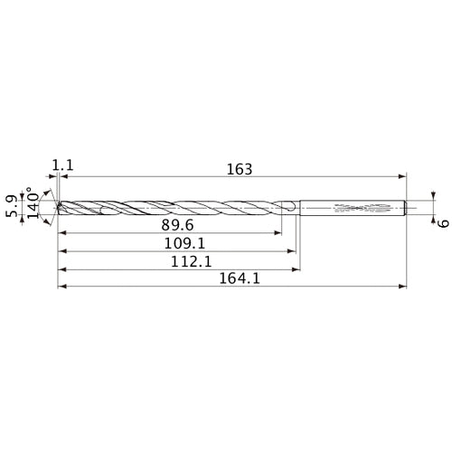 MVS0590X15S060 DP1020 5.9 mm Dia. × 6 mm Shank × 109.1 mm Flute Length × 164.1 mm OAL, 140°, 2 Flute, Coolant Thru, Solid Carbide Drill