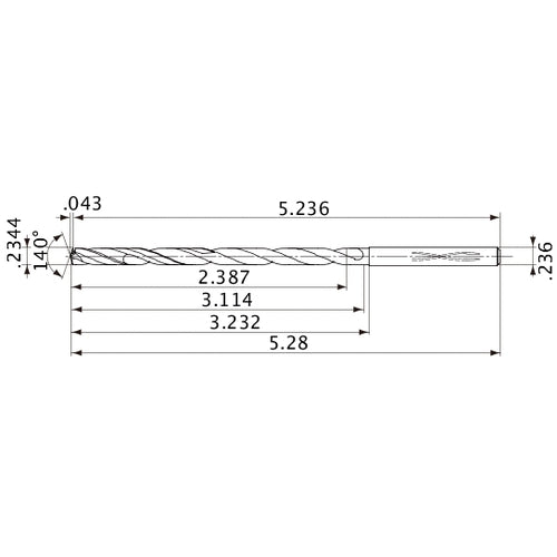 MVS0595X10S060 DP1020 0.2344″ Dia. × 0.236″ Shank × 3.114″ Flute Length × 5.28″ OAL, 140°, 2 Flute, Coolant Thru, Solid Carbide Drill