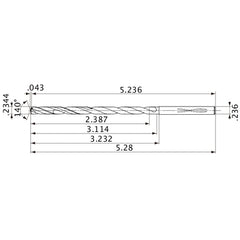 MVS0595X10S060 DP1020 0.2344″ Dia. × 0.236″ Shank × 3.114″ Flute Length × 5.28″ OAL, 140°, 2 Flute, Coolant Thru, Solid Carbide Drill