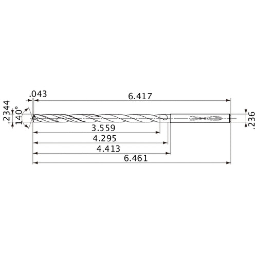 MVS0595X15S060 DP1020 0.2344″ Dia. × 0.236″ Shank × 4.295″ Flute Length × 6.461″ OAL, 140°, 2 Flute, Coolant Thru, Solid Carbide Drill