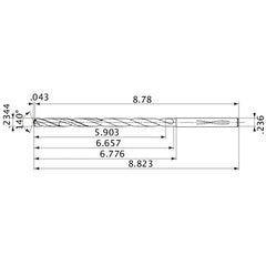 MVS0595X25S060 DP1020 0.2344″ Dia. × 0.236″ Shank × 6.657″ Flute Length × 8.823″ OAL, 140°, 2 Flute, Coolant Thru, Solid Carbide Drill