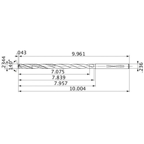 MVS0595X30S060 DP1020 0.2344″ Dia. × 0.236″ Shank × 7.839″ Flute Length × 10.004″ OAL, 140°, 2 Flute, Coolant Thru, Solid Carbide Drill
