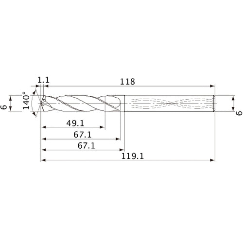 MVS0600X08S060 DP1020 6 mm Dia. × 6 mm Shank × 67.1 mm Flute Length × 119.1 mm OAL, 140°, 2 Flute, Coolant Thru, Solid Carbide Drill