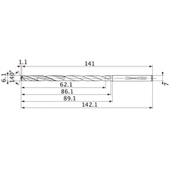 MVS0610X10S070 DP1020 6.1 mm Dia. × 7 mm Shank × 86.1 mm Flute Length × 142.1 mm OAL, 140°, 2 Flute, Coolant Thru, Solid Carbide Drill