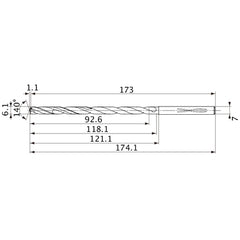 MVS0610X15S070 DP1020 6.1 mm Dia. × 7 mm Shank × 118.1 mm Flute Length × 174.1 mm OAL, 140°, 2 Flute, Coolant Thru, Solid Carbide Drill
