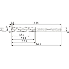 MVS0630X05S080 DP1020 6.3 mm Dia. × 8 mm Shank × 53.1 mm Flute Length × 110.1 mm OAL, 140°, 2 Flute, Coolant Thru, Solid Carbide Drill