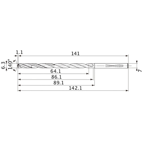 MVS0630X10S070 DP1020 6.3 mm Dia. × 7 mm Shank × 86.1 mm Flute Length × 142.1 mm OAL, 140°, 2 Flute, Coolant Thru, Solid Carbide Drill