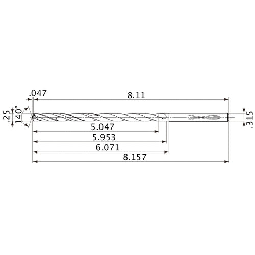 MVS0635X20S080 DP1020 1/4″ Dia. × 0.315″ Shank × 5.953″ Flute Length × 8.157″ OAL, 140°, 2 Flute, Coolant Thru, Solid Carbide Drill