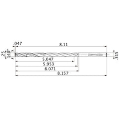MVS0635X20S080 DP1020 1/4″ Dia. × 0.315″ Shank × 5.953″ Flute Length × 8.157″ OAL, 140°, 2 Flute, Coolant Thru, Solid Carbide Drill