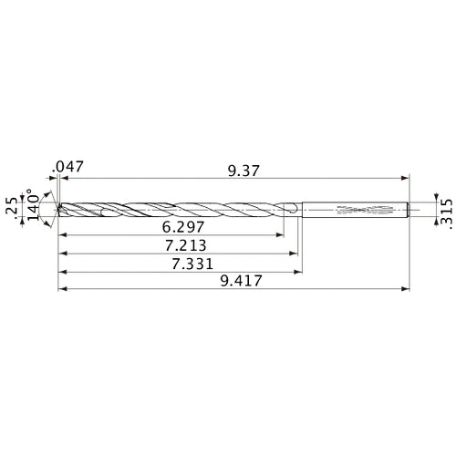 MVS0635X25S080 DP1020 1/4″ Dia. × 0.315″ Shank × 7.213″ Flute Length × 9.417″ OAL, 140°, 2 Flute, Coolant Thru, Solid Carbide Drill