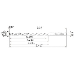 MVS0635X25S080 DP1020 1/4″ Dia. × 0.315″ Shank × 7.213″ Flute Length × 9.417″ OAL, 140°, 2 Flute, Coolant Thru, Solid Carbide Drill