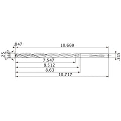 MVS0635X30S080 DP1020 1/4″ Dia. × 0.315″ Shank × 8.512″ Flute Length × 10.717″ OAL, 140°, 2 Flute, Coolant Thru, Solid Carbide Drill