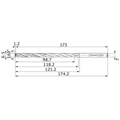 MVS0650X15S070 DP1020 6.5 mm Dia. × 7 mm Shank × 118.2 mm Flute Length × 174.2 mm OAL, 140°, 2 Flute, Coolant Thru, Solid Carbide Drill