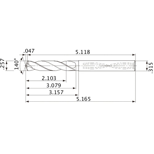 MVS0653X08S080 DP1020 0.257″ Dia. × 0.315″ Shank × 3.079″ Flute Length × 5.165″ OAL, 140°, 2 Flute, Coolant Thru, Solid Carbide Drill