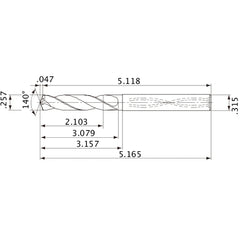 MVS0653X08S080 DP1020 0.257″ Dia. × 0.315″ Shank × 3.079″ Flute Length × 5.165″ OAL, 140°, 2 Flute, Coolant Thru, Solid Carbide Drill