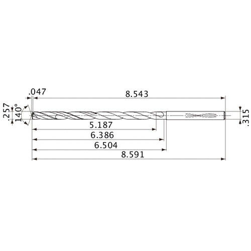 MVS0653X20S080 DP1020 0.257″ Dia. × 0.315″ Shank × 6.386″ Flute Length × 8.591″ OAL, 140°, 2 Flute, Coolant Thru, Solid Carbide Drill