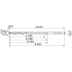 MVS0653X20S080 DP1020 0.257″ Dia. × 0.315″ Shank × 6.386″ Flute Length × 8.591″ OAL, 140°, 2 Flute, Coolant Thru, Solid Carbide Drill