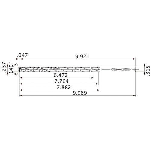 MVS0653X25S080 DP1020 0.257″ Dia. × 0.315″ Shank × 7.764″ Flute Length × 9.969″ OAL, 140°, 2 Flute, Coolant Thru, Solid Carbide Drill