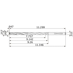 MVS0653X30S080 DP1020 0.257″ Dia. × 0.315″ Shank × 9.142″ Flute Length × 11.346″ OAL, 140°, 2 Flute, Coolant Thru, Solid Carbide Drill