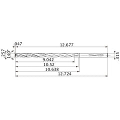 MVS0653X35S080 DP1020 0.257″ Dia. × 0.315″ Shank × 10.52″ Flute Length × 12.724″ OAL, 140°, 2 Flute, Coolant Thru, Solid Carbide Drill
