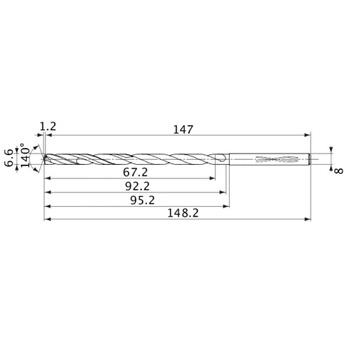 MVS0660X10S080 DP1020 6.6 mm Dia. × 8 mm Shank × 92.2 mm Flute Length × 148.2 mm OAL, 140°, 2 Flute, Coolant Thru, Solid Carbide Drill