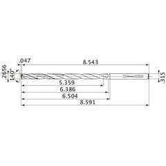 MVS0675X20S080 DP1020 0.2656″ Dia. × 0.315″ Shank × 6.386″ Flute Length × 8.591″ OAL, 140°, 2 Flute, Coolant Thru, Solid Carbide Drill