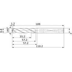MVS0680X05S070 DP1020 6.8 mm Dia. × 7 mm Shank × 57.2 mm Flute Length × 110.2 mm OAL, 140°, 2 Flute, Coolant Thru, Solid Carbide Drill