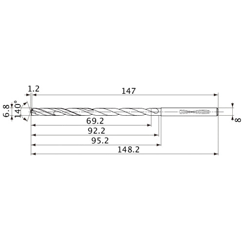 MVS0680X10S080 DP1020 6.8 mm Dia. × 8 mm Shank × 92.2 mm Flute Length × 148.2 mm OAL, 140°, 2 Flute, Coolant Thru, Solid Carbide Drill