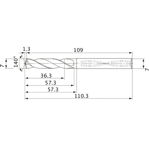 MVS0700X05S070 DP1020 7 mm Dia. × 7 mm Shank × 57.3 mm Flute Length × 110.3 mm OAL, 140°, 2 Flute, Coolant Thru, Solid Carbide Drill