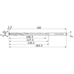 MVS0700X15S070 DP1020 7 mm Dia. × 7 mm Shank × 127.3 mm Flute Length × 183.3 mm OAL, 140°, 2 Flute, Coolant Thru, Solid Carbide Drill