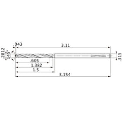 MVS0714X02S080PL DP1020 0.2812″ Dia. × 0.315″ Shank × 1.382″ Flute Length × 3.154″ OAL, 145°, 2 Flute, Coolant Thru, Solid Carbide Drill