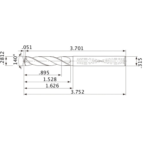 MVS0714X03S080 DP1020 0.2812″ Dia. × 0.315″ Shank × 1.528″ Flute Length × 3.752″ OAL, 140°, 2 Flute, Coolant Thru, Solid Carbide Drill