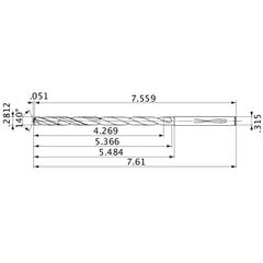 MVS0714X15S080 DP1020 0.2812″ Dia. × 0.315″ Shank × 5.366″ Flute Length × 7.61″ OAL, 140°, 2 Flute, Coolant Thru, Solid Carbide Drill